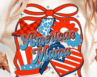 Retro American Mama PNG, Retro Patriotic Coquette Bow Png, Preppy Girl 4th of July Png, Fourth of July Png, Preppy Patriotic Mama Shirt Png