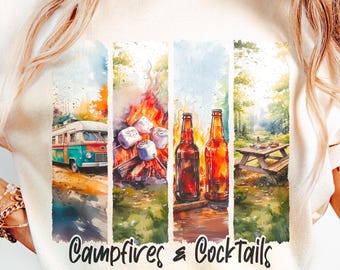 Campfires And Cocktails Png, Summer Png File, Camping Png for Shirt, Brushstroke Design, Camper Png, Alcohol Png, Sublimation Png Design
