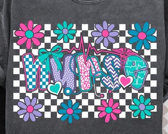 Retro Checkered Nurse PNG, Coquette Nursing Png, Boho Floral Preppy Nurse Png, Trendy Nurse Shirt Png, Sublimation, Coquette Nurse Bow Png