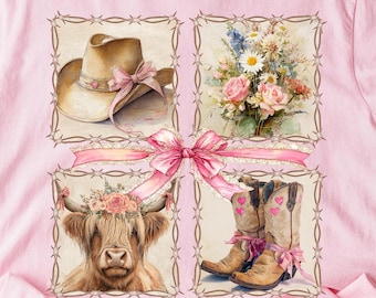 Coquette Western Cowgirl PNG, Pink Girly Western Png, Trendy Cowgirl Shirt Png, Sublimation Designs, Coquette Bow Png, Western Collage Png