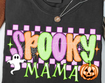 かわいい不気味なママ PNG、プレッピーなハロウィン PNG、トレンディなハロウィンシャツ PNG、昇華プリントデザイン、レトロなチェック柄の不気味なママシャツ PNG