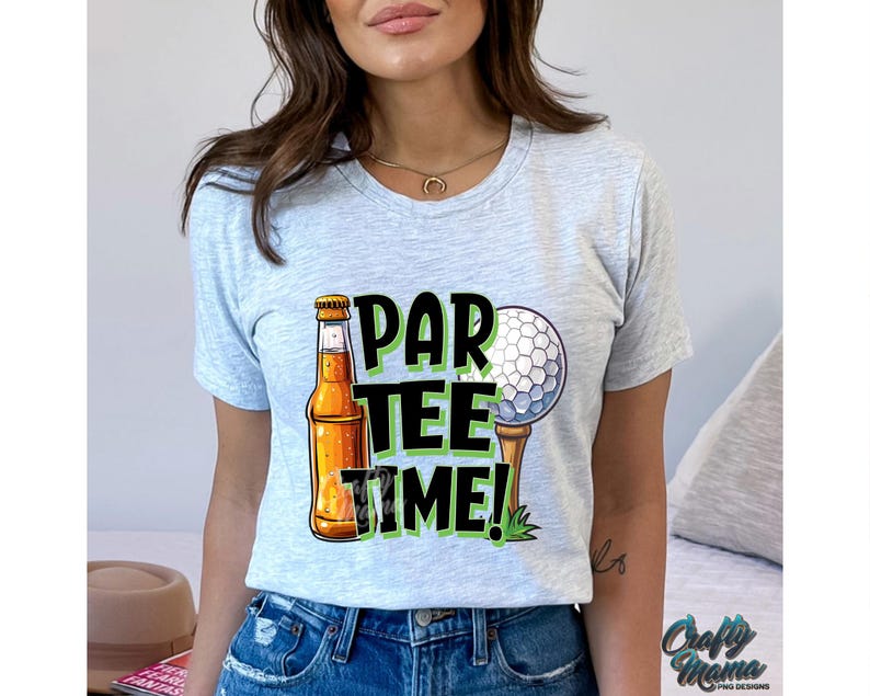 May include: A grey t-shirt with a graphic design of a beer bottle, a golf ball, and the text "Par Tee Time!"