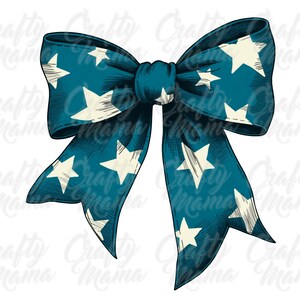 May include: A teal blue bow with white stars printed on it. The bow is tied in a knot and the ends are flowing.