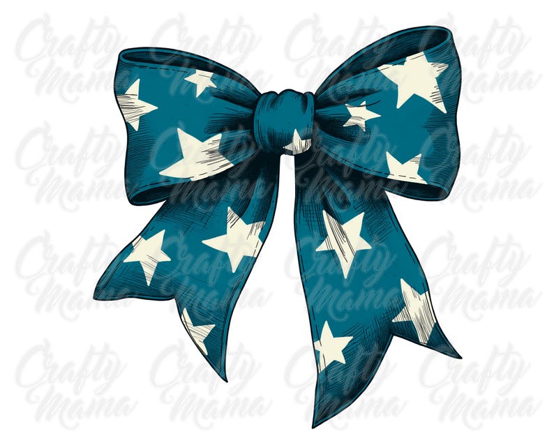 May include: A teal blue bow with white stars printed on it. The bow is tied in a knot and the ends are flowing.
