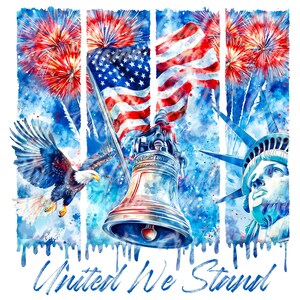 Pu&ograve; includere: Un dipinto ad acquerello di una bandiera americana, un'aquila calva, una campana della libert&agrave; e fuochi d'artificio. Le parole "United We Stand" sono scritte in fondo all'immagine.