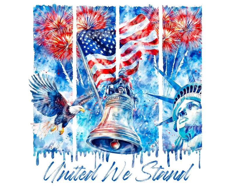 Pu&ograve; includere: Un dipinto ad acquerello di una bandiera americana, un'aquila calva, una campana della libert&agrave; e fuochi d'artificio. Le parole "United We Stand" sono scritte in fondo all'immagine.