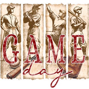 K&ouml;nnte beinhalten: Grafik im Vintage-Stil mit Baseballspielern in Action-Posen. Die Worte "GAME DAY" sind prominent in einer verwitterten roten Schrift dargestellt. Das Design umfasst Baseballschl&auml;ger, Handschuhe und einen verwitterten Papierhintergrund, der ein klassisches Sportthema hervorruft.