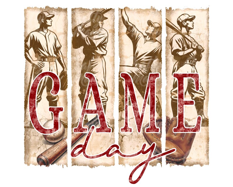 K&ouml;nnte beinhalten: Grafik im Vintage-Stil mit Baseballspielern in Action-Posen. Die Worte "GAME DAY" sind prominent in einer verwitterten roten Schrift dargestellt. Das Design umfasst Baseballschl&auml;ger, Handschuhe und einen verwitterten Papierhintergrund, der ein klassisches Sportthema hervorruft.