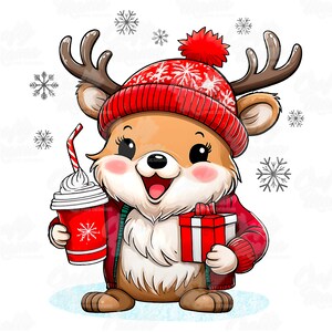 May include: A cartoon reindeer wearing a red and white knit hat with a pom-pom, a red jacket, and antlers. The reindeer is holding a red cup with a white whipped cream topping and a red and white striped straw, and a red gift box with a white ribbon.