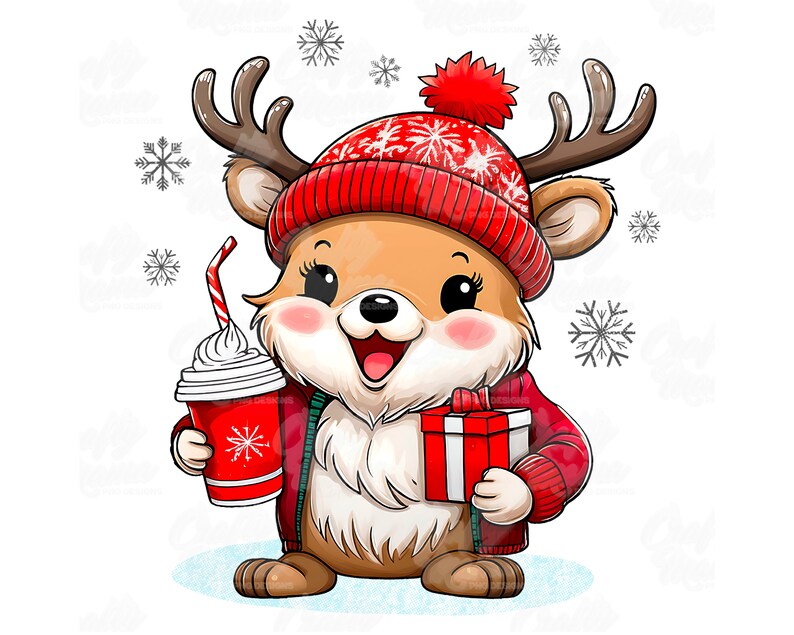 May include: A cartoon reindeer wearing a red and white knit hat with a pom-pom, a red jacket, and antlers. The reindeer is holding a red cup with a white whipped cream topping and a red and white striped straw, and a red gift box with a white ribbon.