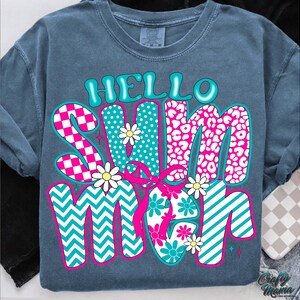 May include: A blue t-shirt with the text "Hello Summer" in a colorful, patterned font. The letters are made up of different patterns, including polka dots, checkered, and animal print.