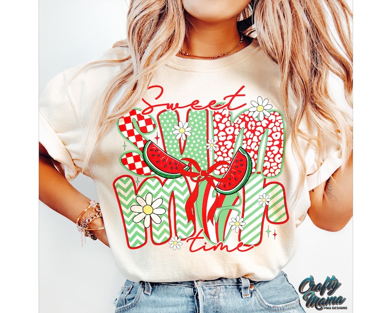 May include: A white t-shirt with a graphic design that says "Sweet Summer Time" in red, green, and white. The design features watermelon slices, daisies, and checkered patterns.