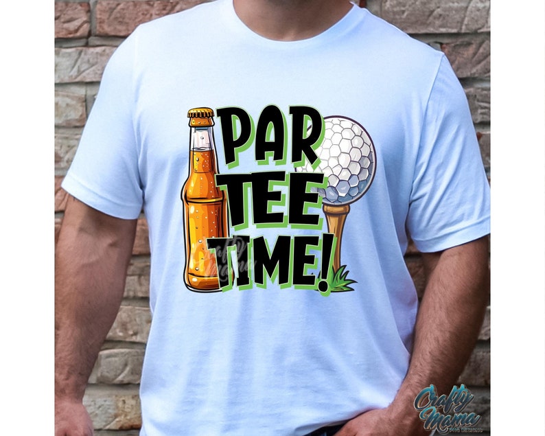 May include: A light blue t-shirt featuring a graphic design of a beer bottle, a golf ball, and the text "Par Tee Time!" in black and green.