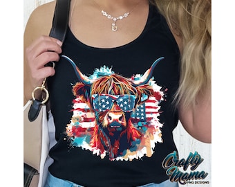 4th Of July Highland Cow Png, Patriotic Cow Png, American Cow Png, USA Cow Printable, Western American Sublimation, American Cow DTF Print