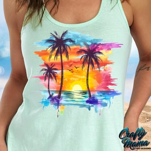 May include: A light blue tank top with a watercolor design of palm trees and a sunset over the ocean. The design is in shades of orange, yellow, pink, purple, and blue.