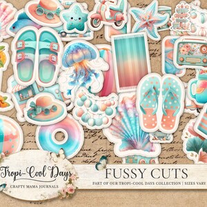 May include: A collection of watercolor-style stickers with a summer theme. The stickers include sandals, hats, a radio, a drink, a beach ball, and a seashell. The text "Tropi-Cool Days" and "Fussy Cuts" are also visible.
