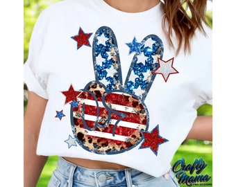 Groovy 4th Of July Png, 4th Of July Sublimation, Independence Day Png, Fourth Of July, Leopard Print Peace Hand Sign, Faux Glitter Download