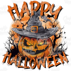 Peut inclure: Un graphique sur le th&egrave;me d'Halloween avec le texte "Happy Halloween" en orange et noir. Une citrouille avec un chapeau de sorci&egrave;re est au centre du design.