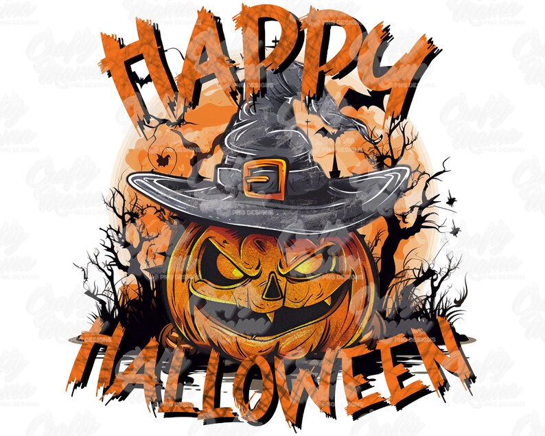 Peut inclure: Un graphique sur le th&egrave;me d'Halloween avec le texte "Happy Halloween" en orange et noir. Une citrouille avec un chapeau de sorci&egrave;re est au centre du design.