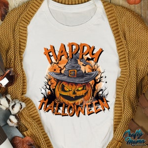 Peut inclure: T-shirt blanc avec un graphique d'une citrouille portant un chapeau de sorci&egrave;re et le texte "Happy Halloween".