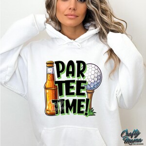 May include: White hoodie with a green and black graphic that says "Par Tee Time!" with a cartoon beer bottle and golf ball.
