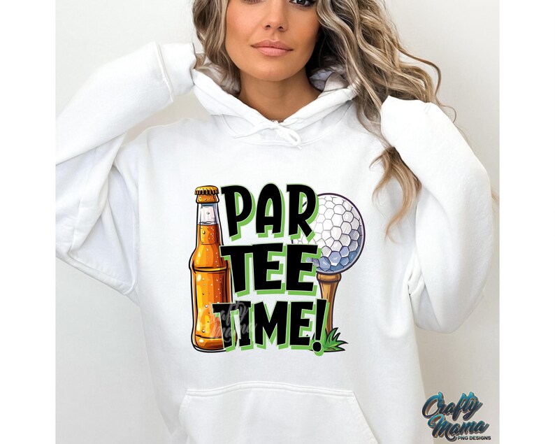 May include: White hoodie with a green and black graphic that says "Par Tee Time!" with a cartoon beer bottle and golf ball.