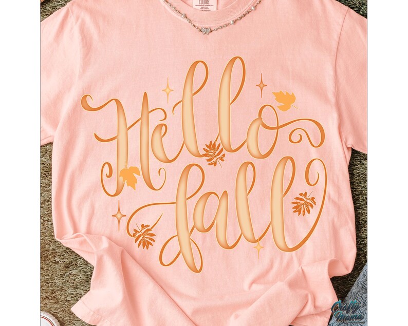Puede incluir: Una camiseta rosa claro con las palabras "Hello Fall" en naranja c&aacute;lido. El dise&ntilde;o incluye hojas y estrellas, perfecto para el oto&ntilde;o. La camiseta est&aacute; hecha de un material suave.