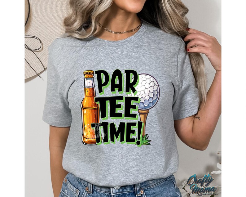 May include: Grey t-shirt with a graphic of a beer bottle, golf ball, and the text "Par Tee Time!"