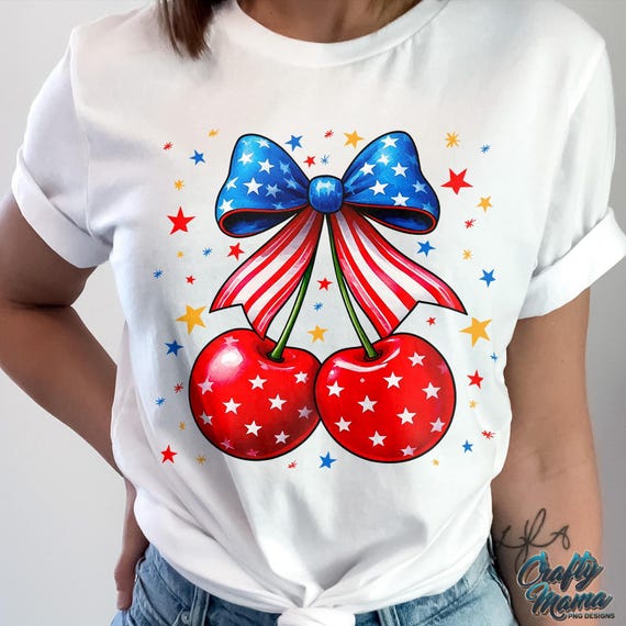 Preppy Patriotic Bow PNG, Patriotic Cherries Png, Coquette Bow Png, 4th of July Png, Coquette Fourth of July Png, 4th of July Cherries Png