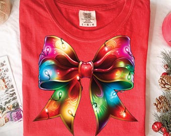 Christmas Lights Bow PNG, Christmas Png, Coquette Christmas Bow Png, Christmas Lights Png, Preppy Christmas Shirt Png, Sublimation Designs