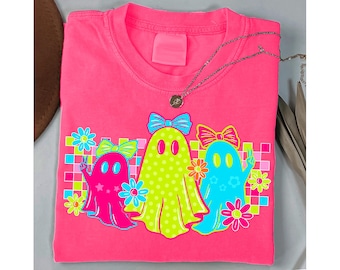 Cute Neon Ghosts PNG, Coquette Trendy Halloween Png, Retro Checkered Halloween Shirt Png, Preppy Ghost Shirt Png, Spooky Sublimation Designs