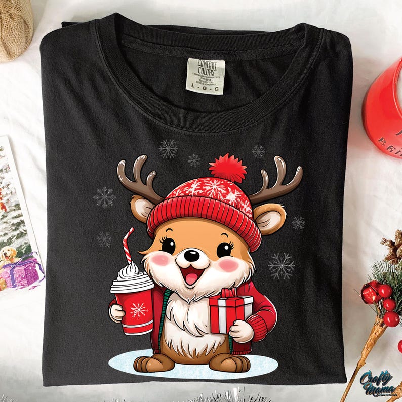 Cute Reindeer PNG File, Cute Christmas Png, Coffee Png, Christmas Shirt Png Design, Digital Downloads, Sublimation Png, Sublimation Designs image 1