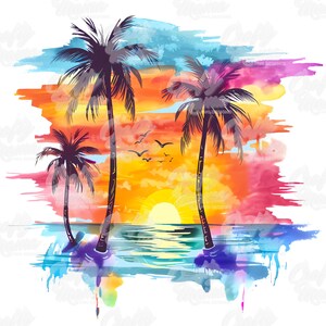 May include: Watercolor painting of a sunset over the ocean with three palm trees in the foreground. The sky is a mix of orange, yellow, pink, and blue. The water is a deep blue with a reflection of the sunset.