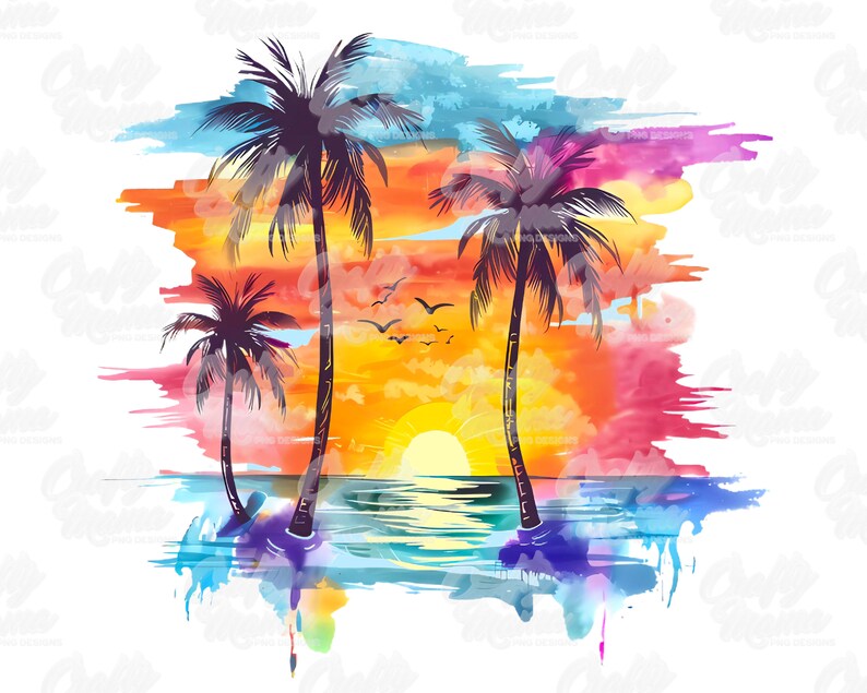 May include: Watercolor painting of a sunset over the ocean with three palm trees in the foreground. The sky is a mix of orange, yellow, pink, and blue. The water is a deep blue with a reflection of the sunset.