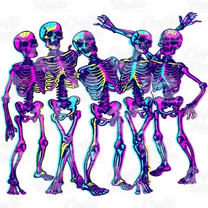 May include: Five skeletons in a group, with neon pink, blue, and yellow colors. The skeletons are in a variety of poses, with some arms raised and some hands on hips.