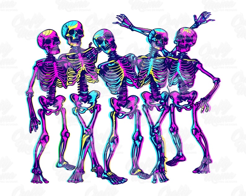 May include: Five skeletons in a group, with neon pink, blue, and yellow colors. The skeletons are in a variety of poses, with some arms raised and some hands on hips.