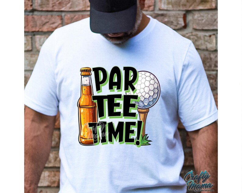May include: White t-shirt with a green, black, and white graphic of a golf ball on a tee, a bottle of beer, and the text "Par Tee Time!"