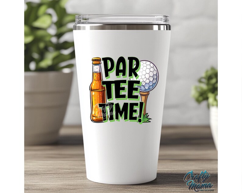 May include: White stainless steel tumbler with a black and green graphic of a golf ball, golf tee, and a beer bottle. The text "Par Tee Time!" is printed on the tumbler.