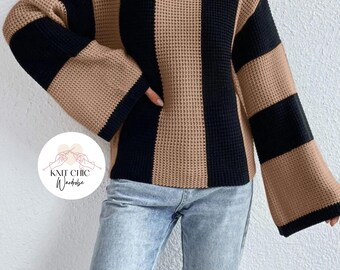 Oversized Stitchwork Pullover | Loose Striped Sweater | Cozy Outfit | Women's Fashion