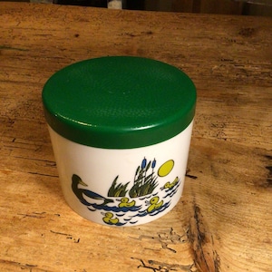 Tarro de plástico vintage, retro, tarro con tapa, decorado con patos. Tapa verde.