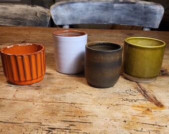 Vintage mini flower pots, orange striped, white, brown, green, ceramic