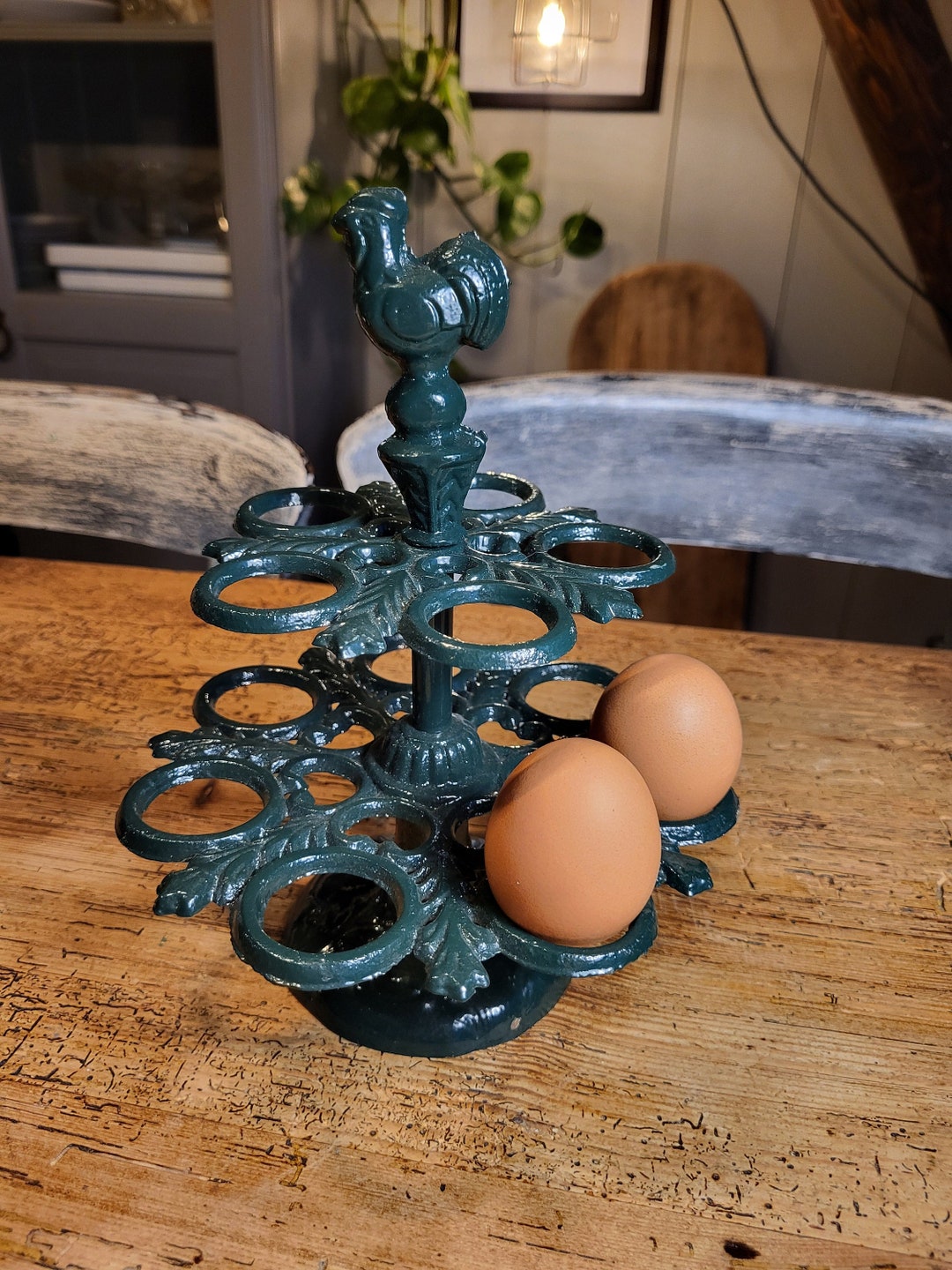 Vintage French Cast Iron Egg Rack, Egg Holder. Green Metal With 2 ...