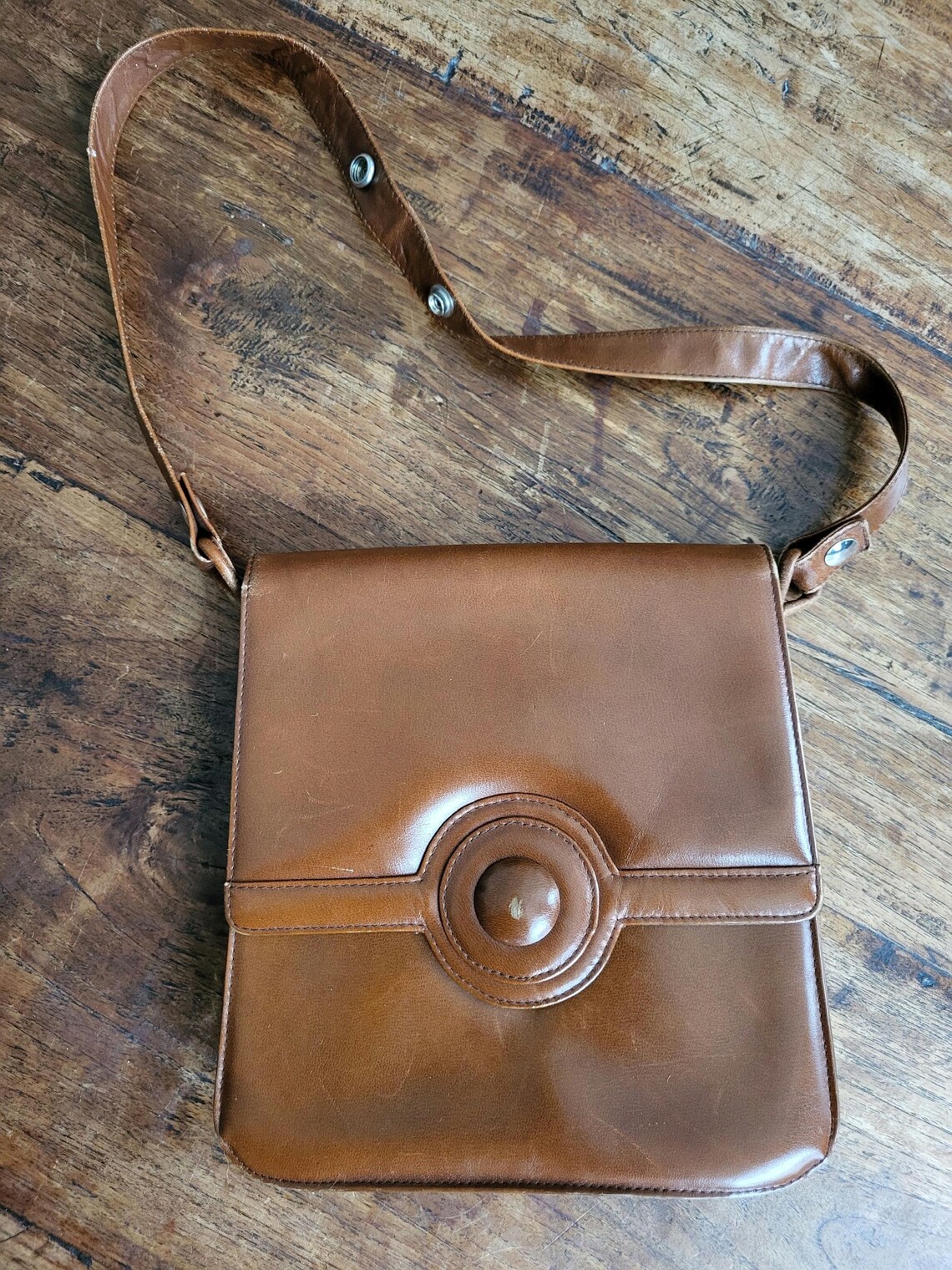 Vintage bag, schoudertas of handtas, leer, cognac bruin, 23 cm breed, 23 cm hoog, in zeer mooie staat., foto 1 di 5
