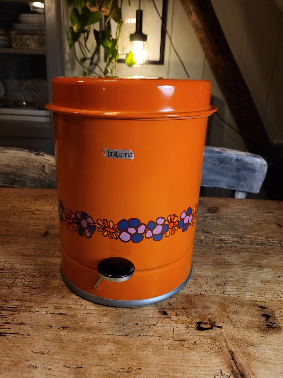 Vintage Pedal Bin, Waste Bin. Retro Orange, Metal With Pedal. Brabantia. Decorated With Flower ...