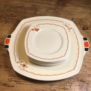 Vintage, retro, porcelain pastry set, cake dish with 8 matching plates.