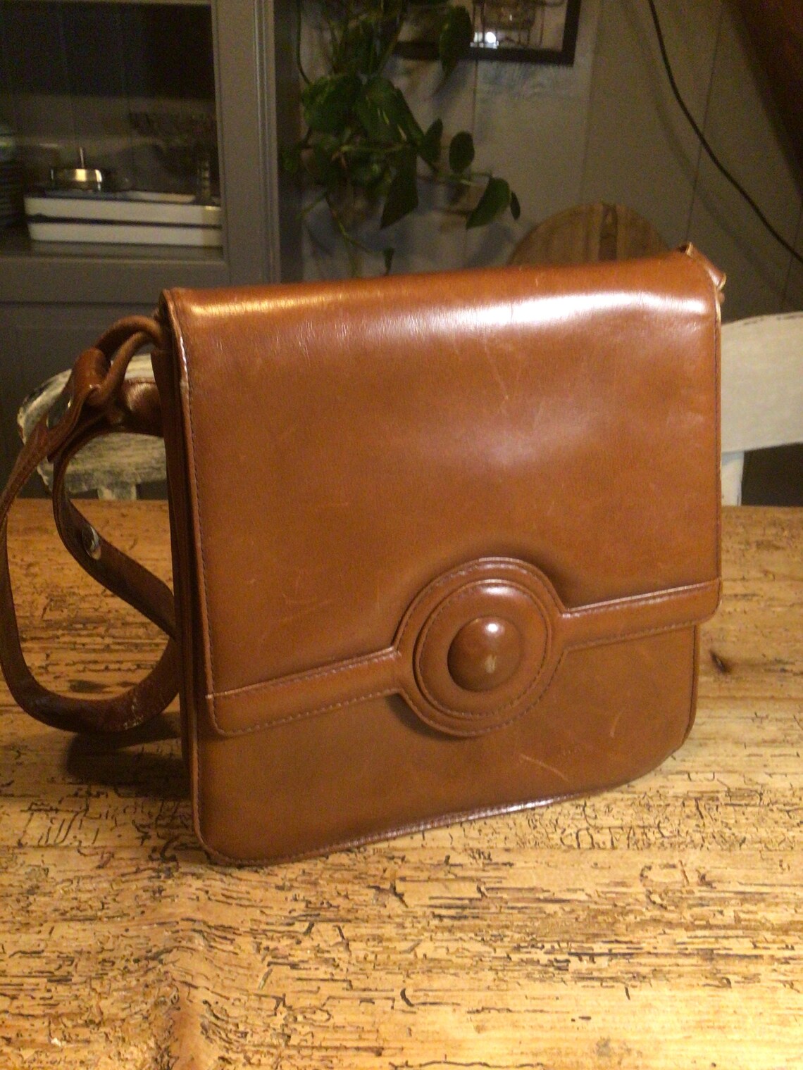 Vintage bag, schoudertas of handtas, leer, cognac bruin, 23 cm breed, 23 cm hoog, in zeer mooie staat., foto 2 di 5