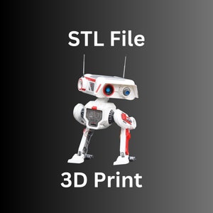 Könnte beinhalten: Ein weißer und roter 3D-gedruckter Roboter mit blauen Augen. Der Roboter steht auf einem schwarzen Hintergrund. Der Text "STL File" und "3D Print" steht über und unter dem Roboter.
