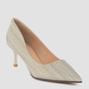 Beige Kitten Heels: Pointed Toe Low Heel Pumps, Striped Fabric