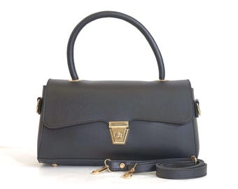 Black Faux Leather Top Handle Bag, Gold Lock Crossbody Purse, Handmade Elegance