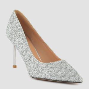 Silver Glitter Stiletto Heels: Pointed Toe Party Pumps, Wedding Shoes